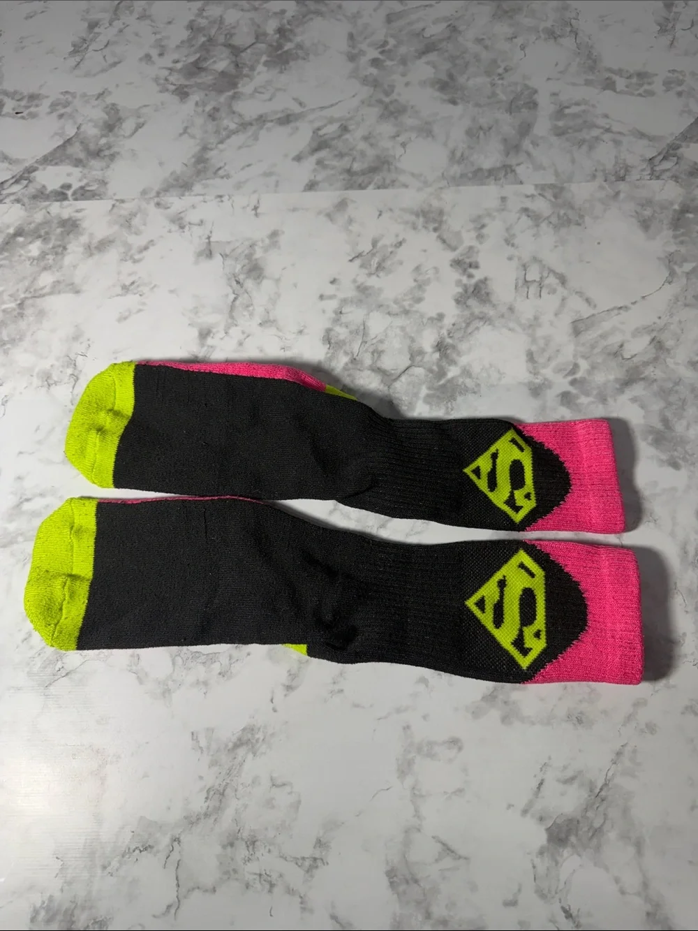 Black & Pink Women's Crew Socks with Neon Yellow Accent